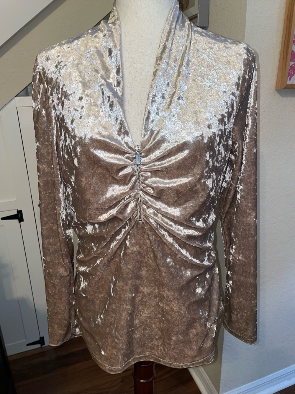Boston Proper Crushed Velvet Ruched Long-Sleeve Top in Taupe Sz M